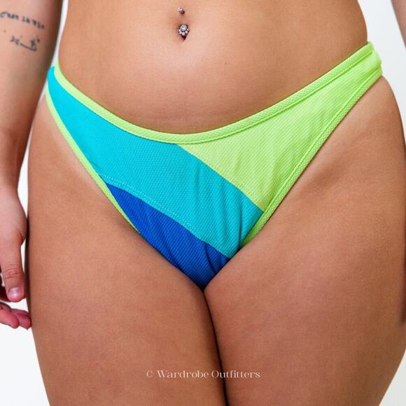 Vintage 90s Hobie Neon Green Blue Striped Full High Waist V Cut Bikini Set - Picture 7 of 10